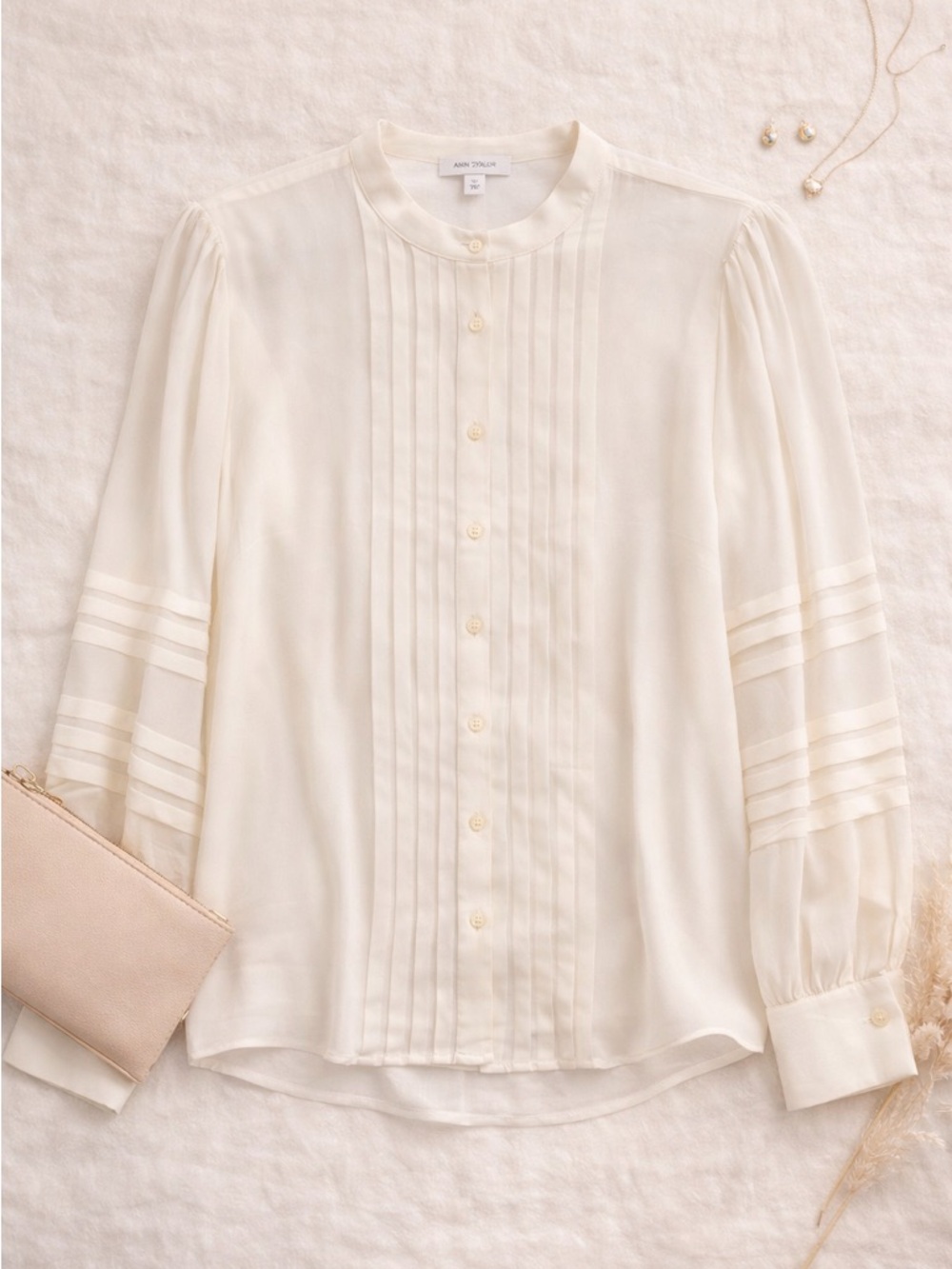 Ann Taylor Cream Pintuck Blouse XL NWT Sheer Sleeve Feminine Top